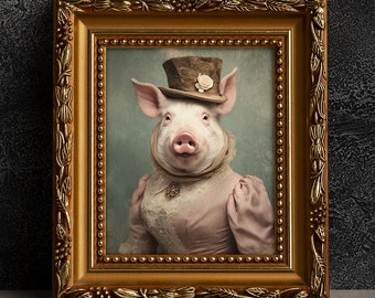 Pig Victorian Portrait - Vintage Style Animal Art, Old Photograph, Wall Art, Poster or Canvas Wrap, Framed, Female, Anthropomorphic Art