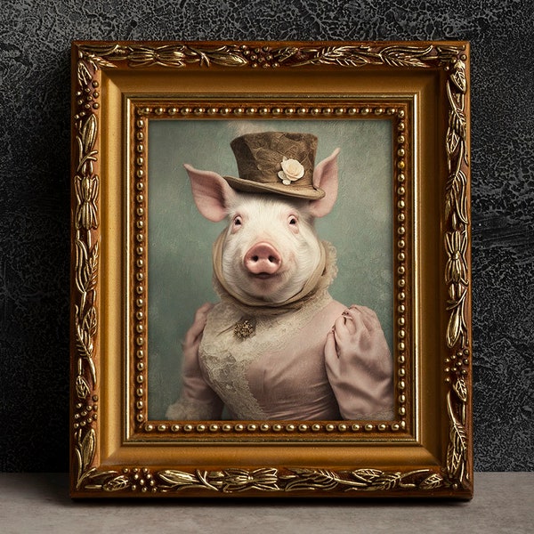 Pig Victorian Portrait - Vintage Style Animal Art, Old Photograph, Wall Art, Poster or Canvas Wrap, Framed, Female, Anthropomorphic Art