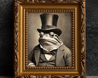 Toad Victorian Portrait - Vintage Style Animal Art, Old Photograph, Wall Art, Frog, Le Business Toad, Poster or Canvas Wrap, Framed, Grumpy