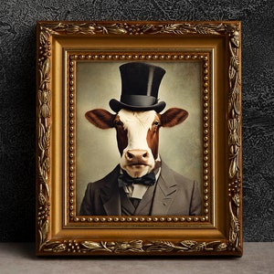 Cow Victorian Portrait - Vintage Style Animal Art, Old Photograph, Wall Art, Poster or Canvas Wrap, Framed, Anthropomorphic Art, Cattle
