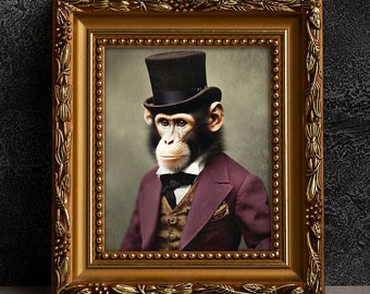 Monkey Victorian Portrait - Vintage Style Animal Art, Old Photograph, Wall Art, Poster or Canvas Wrap, Framed, Anthropomorphic Art