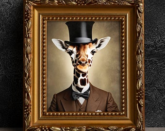Retrato victoriano de jirafa - Arte animal de estilo vintage, fotografía antigua, arte de pared, póster o envoltura de lienzo, enmarcado, arte antropomórfico