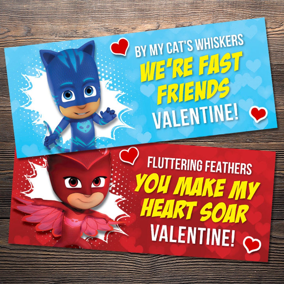 PJ Masks Printable Valentine s Day Cards Treat Bag Fold over Cards 4 CARDS Etsy