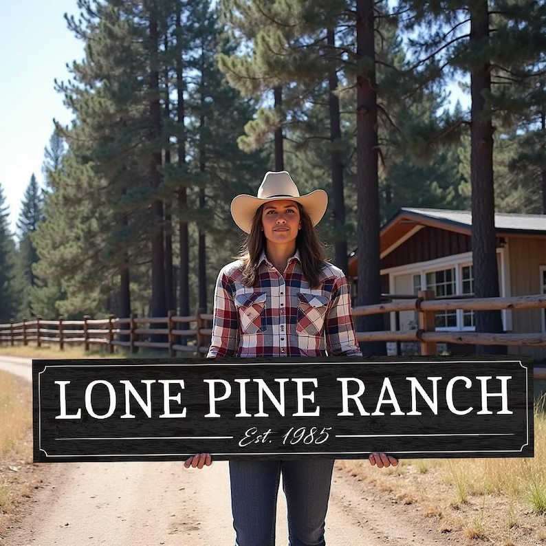 May include: A woman wearing a cowboy hat and a checked shirt holds a black sign with white text that reads "Lone Pine Ranch Est. 1985".