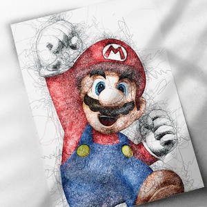 Super Mario Scribble Art Poster, Canvas Wrap, or Framed Canvas Print - Kids Decor, Man Cave Gift, Nintendo, Video Game, Kids Room