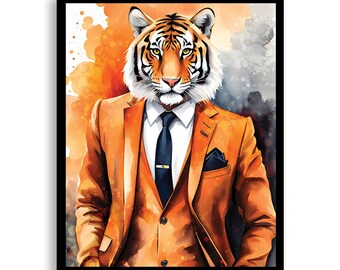 Bengal Tiger Art - Colorful Watercolor Illustration - Printed Poster, Canvas Wrap or Framed, Anthropomorphic, Tiger Art, Fashion, Animal Art