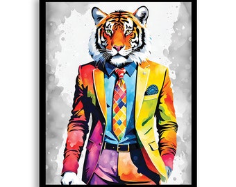 Bengal Tiger Art - Colorful Watercolor Illustration - Printed Poster, Canvas Wrap or Framed, Anthropomorphic, Tiger Art, Fashion, Animal Art