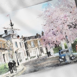 Mary Poppins Cherry Lane Artist Drawn Illustration Watercolor / Cross Hatch - Printed Canvas or Poster Print, Wall Art, 17 Cherry Lane