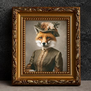 Fox Victorian Portrait - Vintage Style Animal Art, Old Photograph, Wall Art, Poster or Canvas Wrap, Framed, Female, Anthropomorphic Art