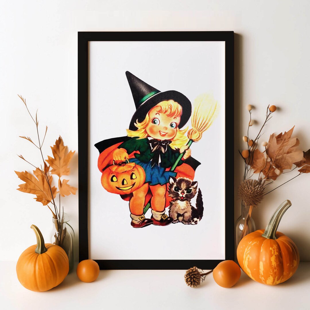 Halloween Vintage Young, Cute Witch With Black Cat Art Print on Poster ...