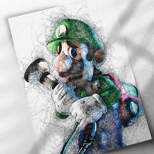 Luigi&#39; Mansion Scribble Art Poster, Canvas Wrap, or Framed Canvas Print - Kids Decor, Man Cave, Nintendo, Video Game, Kids Room, Super Mario