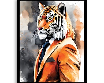 Bengal Tiger Art - Colorful Watercolor Illustration - Printed Poster, Canvas Wrap or Framed, Anthropomorphic, Tiger Art, Fashion, Animal Art
