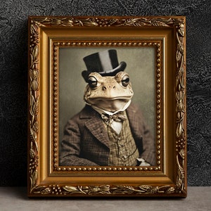 Portrait victorien de crapaud - Art animalier de style vintage, vieille photographie, art mural, grenouille, crapaud d'affaires, affiche ou toile Wrap, encadré, grincheux
