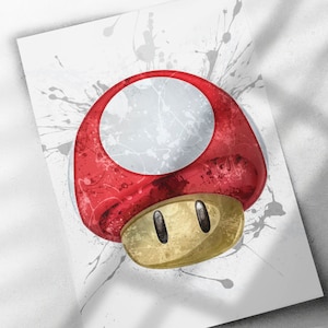 Super Mushroom Poster, Canvas Wrap, or Framed Canvas Print - Kids Decor, Man Cave Gift, Flower, Nintendo, Video Game, Kids Room, Super Mario