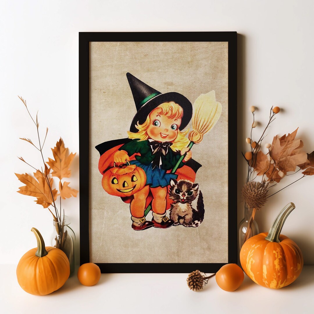 Halloween Vintage Young, Cute Witch With Black Cat Art Print on Poster ...