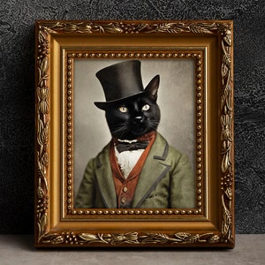 Black Cat Victorian Portrait - Vintage Style Animal Art, Old Photograph, Wall Art, Poster or Canvas Wrap, Framed, Feline, Anthropomorphic