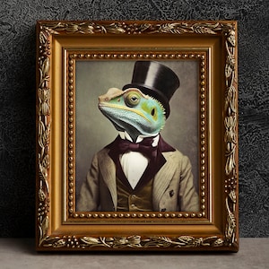 Chameleon Victorian Portrait - Vintage Style Animal Art, Old Photograph, Wall Art, Poster or Canvas Wrap, Framed, Lizard, Anthropomorphic