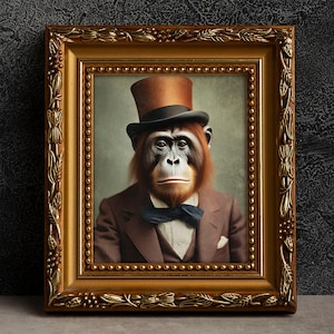 Orangutan Victorian Portrait - Vintage Style Animal Art, Old Photograph, Wall Art, Poster or Canvas Wrap, Framed, Ape, Anthropomorphic Art
