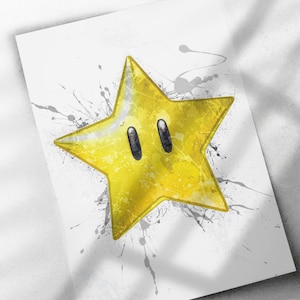 Mario Super Star Poster, Canvas Wrap, or Framed Canvas Print - Kids Decor, Man Cave Gift, Flower, Nintendo, Video Game, Kids, Super Mario