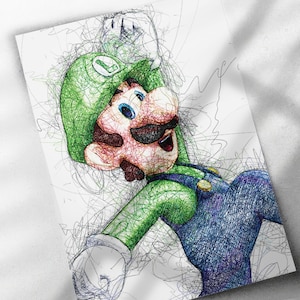Luigi Scribble Art Poster, Canvas Wrap, or Framed Canvas Print - Kids Decor, Man Cave Gift, Nintendo, Video Game, Kids Room, Super Mario