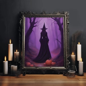 Witch in Spooky Forest, Gothic Wall Art Print on Poster, Canvas Wrap or Framed Wrap, Twighlight, Pumpkin, Vintage, Halloween, Painting, Draw