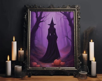 May include: A painting of a witch in a purple dress and black hat walking through a purple forest. The witch is facing away from the viewer. There are pumpkins on the ground in front of her.