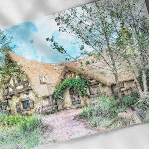 Snow White Seven Dwarfs Cottage, Artist Drawn Illustration Watercolor / Cross Hatch - Printed Canvas or Poster Print, Disney, Mine Train