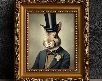 Bunny Victorian Portrait - Vintage Style Animal Art, Old Photograph, Wall Art, Poster or Canvas Wrap, Framed, Hare, Anthropomorphic Art
