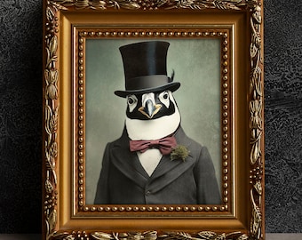 May include: A penguin wearing a black top hat, a burgundy bow tie, and a grey suit with a boutonniere. The penguin is framed in a gold ornate frame.