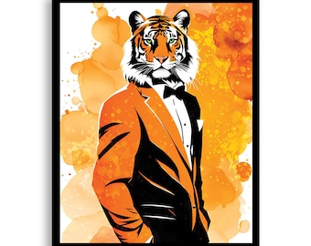 Bengal Tiger Art - Colorful Watercolor Illustration - Printed Poster, Canvas Wrap or Framed, Anthropomorphic, Tiger Art, Fashion, Animal Art