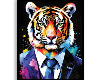 Bengal Tiger Art - Colorful Watercolor Illustration - Printed Poster, Canvas Wrap or Framed, Anthropomorphic, Tiger Art, Fashion, Animal Art