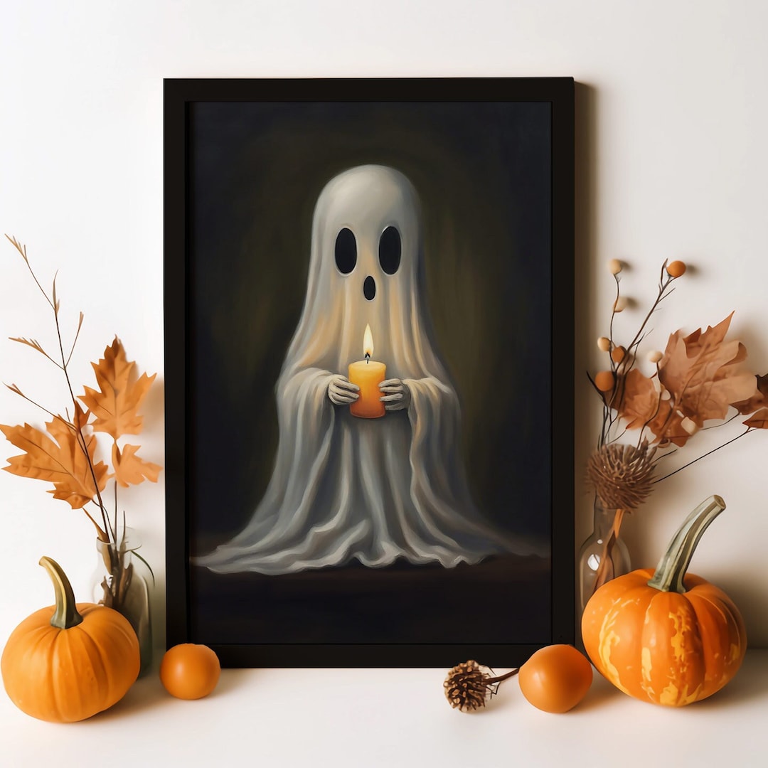 Cute Ghost Holding a Candle Wall Art Print on Poster, Canvas Wrap or ...