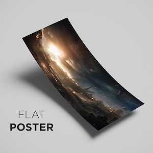 Puede incluir: Una impresi&oacute;n de arte digital que presenta un paisaje de fantas&iacute;a con una puesta de sol brillante, un r&iacute;o y una figura de pie en la distancia. La impresi&oacute;n tiene un estilo texturizado, pict&oacute;rico y una paleta de colores c&aacute;lidos.