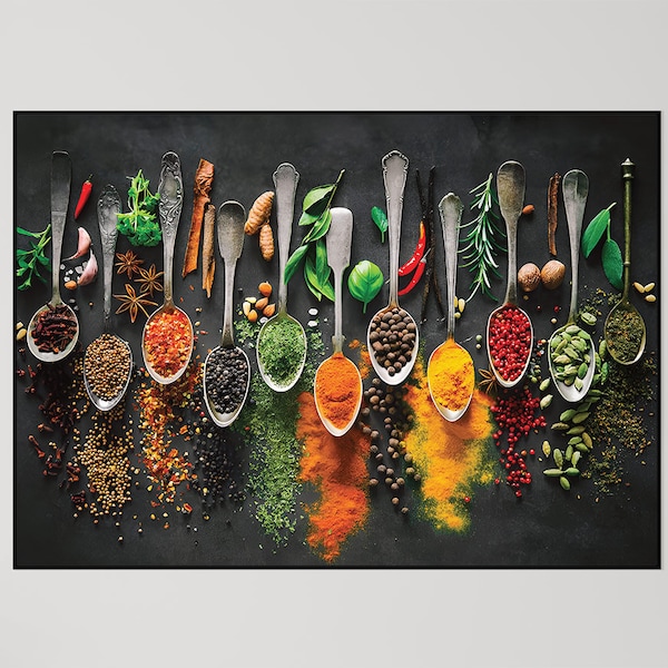 Spoon & Spices Poster or Canvas Wrap - Food Wall Art, Silver Standoffs, Colorful Kitchen Art, Baking, Cooking, Herbs, Restaurant Decor Fresh