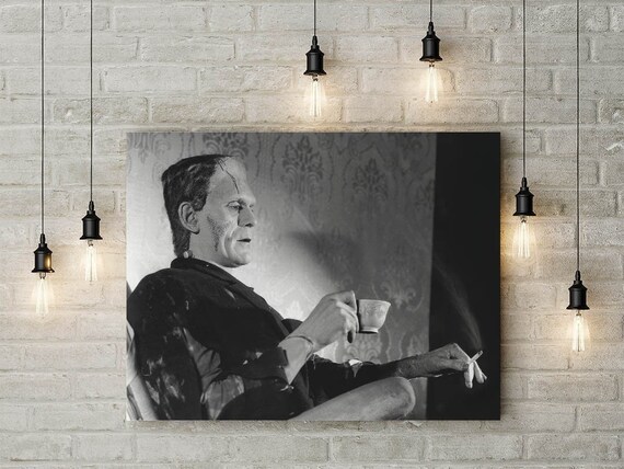 Frankenstein Poster, Drinking Tea, Smoking Cigarette, Boris Karloff,  Classic Horror, Weird, Behind the Scenes, Vintage, Halloween Poster
