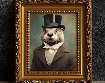 Otter Victorian Portrait - Vintage Style Animal Art, Old Photograph, Wall Art, Poster or Canvas Wrap, Framed, Mr. Otter, Anthropomorphic Art