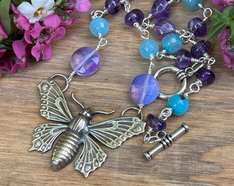 Silver Butterfly Amethyst, Turquoise Agate, Lavender Opalite, Silver Necklace