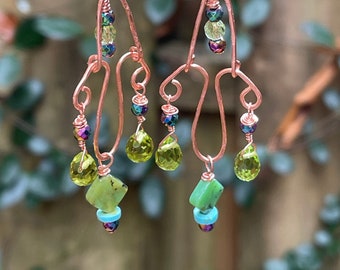 Rose Gold Chandelier Chrysoprase , Turquoise, Rainbow Hematite and Green Crystal Earrings