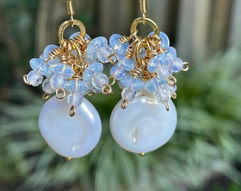 Moonstone Cluster Coin Pearl Earrings/ Pearl Earrings/Bridal Jewelry