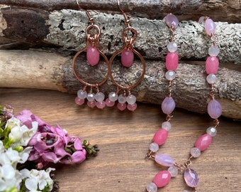 Rose Quartz Copper Jewelry Set: Pink  Necklace and Earrings