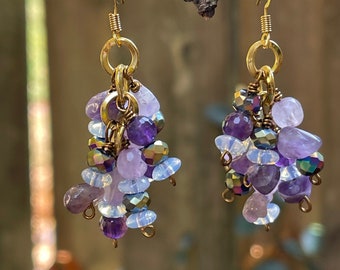 Amethyst Earrings/Opalite Earrings/Lavender Agate Earrings/ Cluster Dangle Gold Earrings