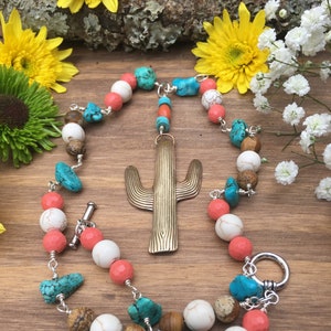 Gold Cactus Necklace/Cute Cactus Necklace/Howlite- Coral-Turquoise-Jasper Necklace/ Brass Succulent Charm