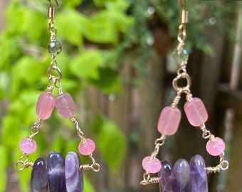 Amethyst/ Pink Jade Dangle Gold Earrings