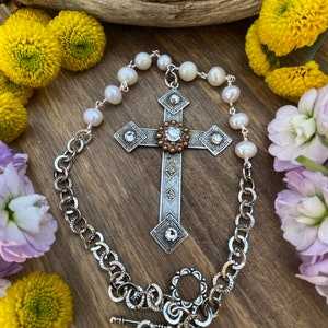Silver Cross Necklace/Cross Pendant/Religious Jewelry/White Pearls/Christian Jewelry/Pearl Necklace for Women