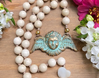 Crochet White Fossil Jade Necklace/ Patina Angel Pendant