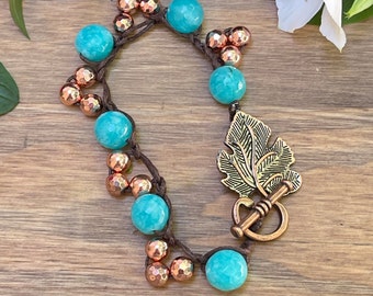 Hand Crochet Turquoise Agate, Rose Gold Hematite Bracelet