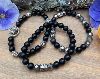 Black Onyx Bracelet Set, Silver Bead, Crystal, Gemstone Stretchy Bracelet