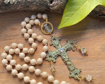 Cream Beaded Patina Cross Necklace/ Brass Cross Pendant/White Fossil Jade