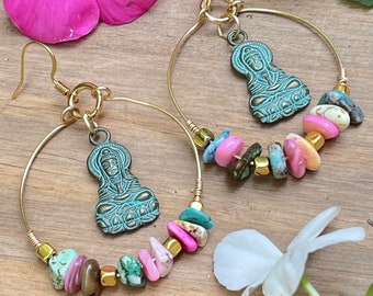 Buddha Earrings//Buddha Jewelry/Colorful Shell Chips/Shell Hoop Earrings