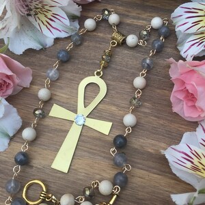 Gray Quartz Necklace/Ankh Symbol Necklace/Fossil Jade Beaded Necklace/Key Of Life Pendant/Brass Ankh Pendant